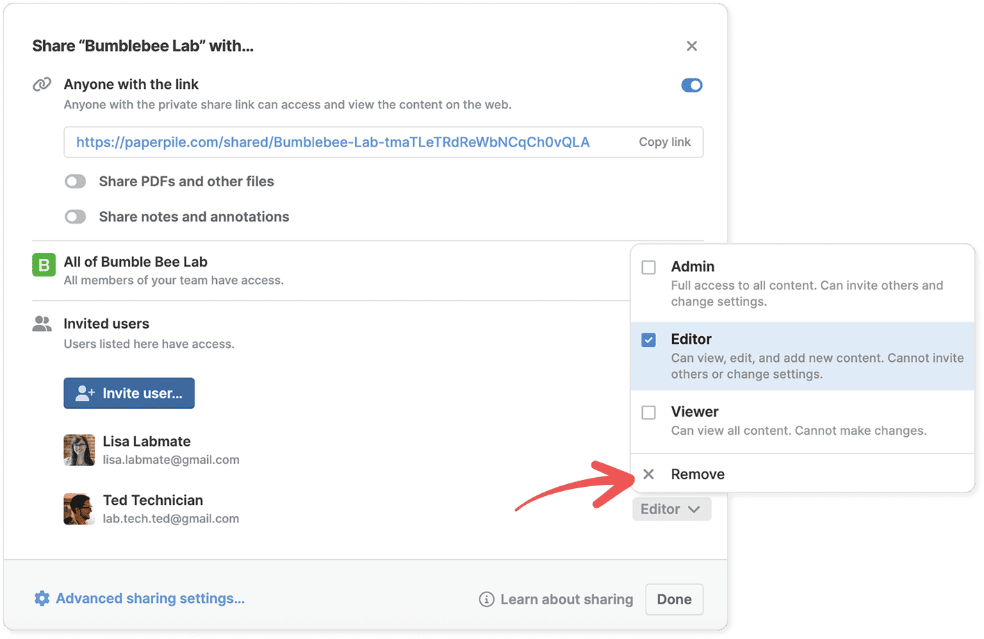 The “Share ‘Bumblebee Lab’ with…” dialog listing two invited users, with a role dropdown open and a red arrow pointing to the Remove option below Admin, Editor (ticked) and Viewer.